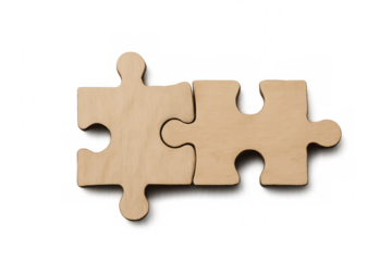 Wooden puzzle pieces interlocking, representing collaborative effort and synergy against transparent backdrop