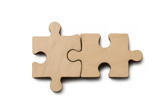 Wooden puzzle pieces interlocking, representing collaborative effort and synergy against transparent backdrop
