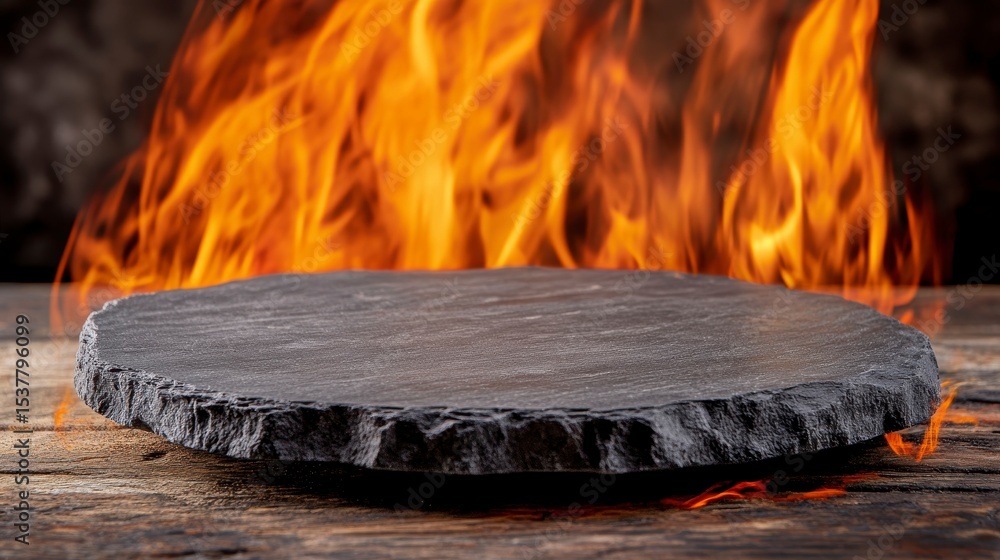 Poster rustic slate serving board in front of flames.