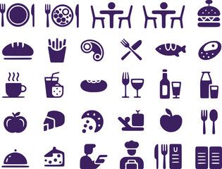 A series of minimalist solid black silhouette icons representing restaurant menu chef's hat coffee cup martini glass
 and plate with fork and knife