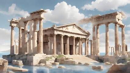 Obraz premium Ancient stone ruins of a classical Greek temple with columns, set against a bright sky