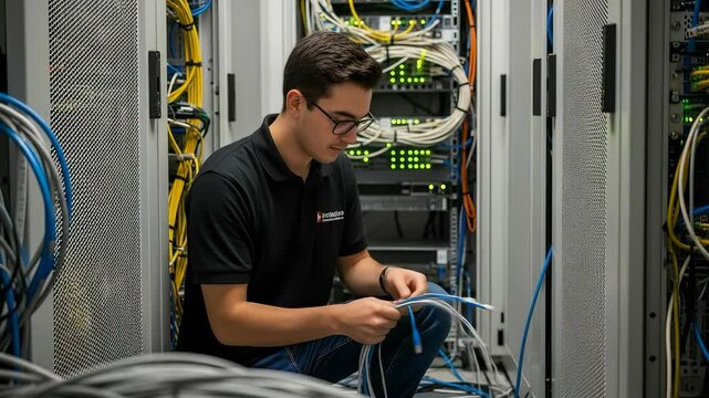 Technician working with network cables in a data center server room to fix the network