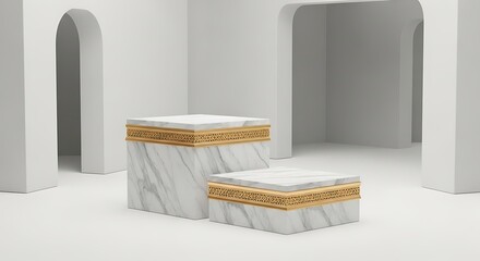 Two marble display pedestals with gold trim in a minimalist white interior.