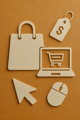 online shopping and e-commerce themed symbols: shopping bag, laptop, mouse, and price tag 