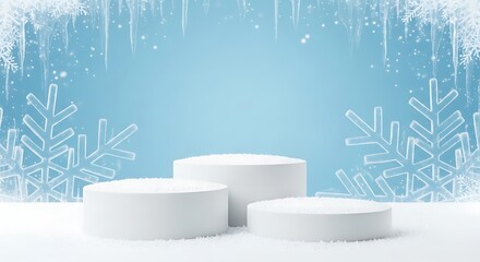 Three white podiums on a snowy surface with icicles and snowflakes against a light blue backdrop.