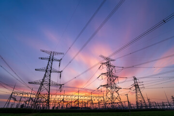 The pylons are in the evening, Substation in the evening, High voltage substation and beautiful sunset glow