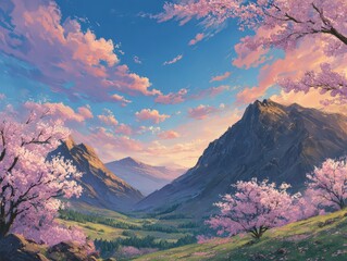 breathtaking anime landscape, sweeping view of mountains and forests under a vibrant sky, rich color palette, soft painterly textures, cherry blossom trees in the foreground.