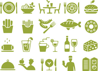 A series of minimalist solid black silhouette icons representing restaurant menu chef's hat coffee cup martini glass
 and plate with fork and knife
