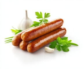 cooked sausages, chicken, garlic and herb, isolated on white background, food photography