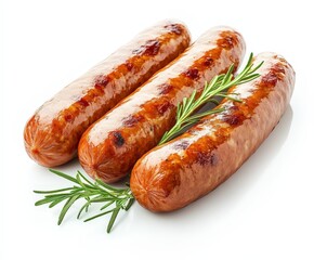 Lamb and rosemary cooked sausages isolated on white background, high detailed  food photography