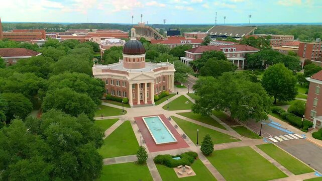 aerial video of the skyline in Hattiesburg, MS over the University of Southern Mississippi