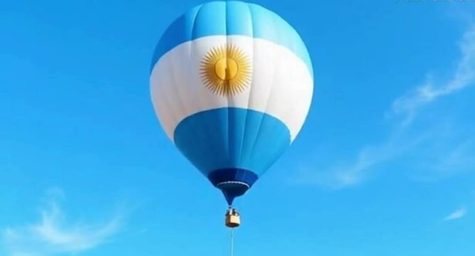 Argentina Flag Hot Air Balloon Floating in a Bright Blue Sky on a Sunny Day