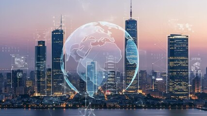 Cityscape with Digital Globe and Modern Buildings Representing Global Business - Powered by Adobe