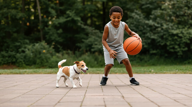 Black boy dribbling a basketball with his Jack Russell terrier running beside him. Child and dog playing on an outdoor court.