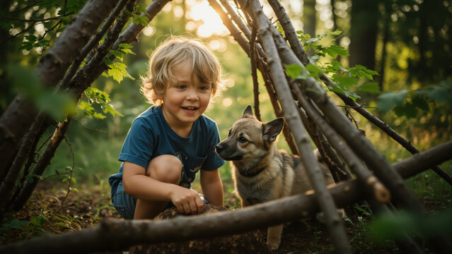 Smiling boy and his puppy in a handmade stick fort in the woods. Child and his dog playing explorer in a forest shelter at sunset. Happy childhood moments. Bond between human and dog.