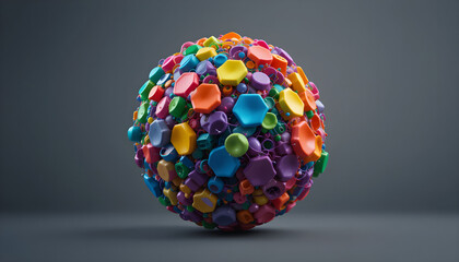 colorful deformed sphere on grey background - copyspace