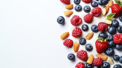 Berries, almonds, and yogurt drizzled on white background