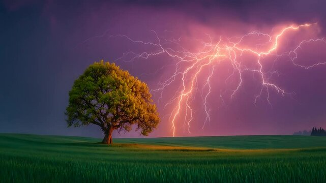 Majestic lightning storm illuminates a solitary tree in a vibrant green field at twilight