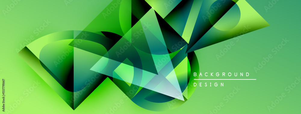 Aufkleber Abstract geometric design. Green shades create dynamic composition. Modern background with layered shapes, gradients, text elements.