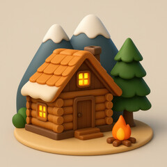 3D Icon of Mountain Cabin and Cozy Retreat