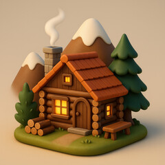 3D Icon of Mountain Cabin and Cozy Retreat