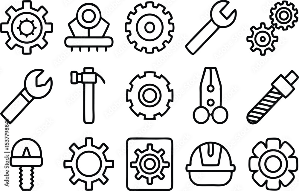 Poster collection of mechanical engineering outline icons and tools isolated on transparent background