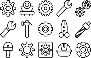 Fototapeta premium Collection of mechanical engineering outline icons and tools isolated on transparent background