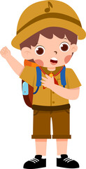 Animated Boy Scout in Uniform with Backpack and Hat, Pointing and Looking Surprised