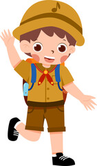 Cartoon Boy Scout Waving, Uniform, Backpack, Adventure Ready, Friendly Gesture.