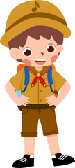 Cartoon Boy Scout: Uniform, Backpack, and Bucket Hat.