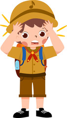 Startled Boy Scout with Hands on Head.
