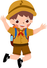 Excited Young Explorer in Uniform Jumps with Joy, Backpack and Hat, Cartoon Illustration.