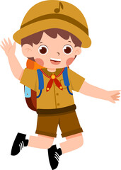 Happy Boy Scout Jumping with Backpack and Hat.
