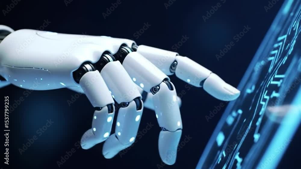 Poster robotic hand gently touching futuristic blue glowing circuit board on dark background emphasizing ar