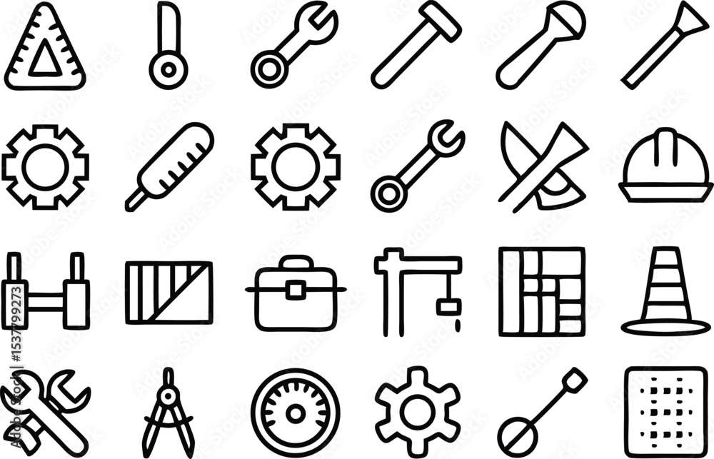 Poster collection of mechanical engineering outline icons and tools isolated on transparent background