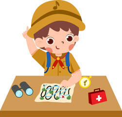 Explorer Boy Planning Adventure with Map, Compass, and First Aid.