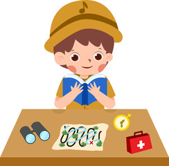 Cartoon Explorer Boy Reads Map with Binoculars, Compass, and First Aid Kit.