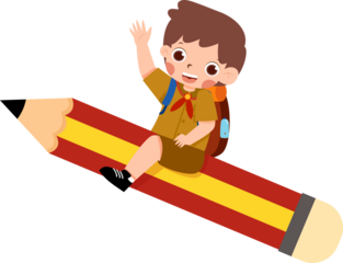 Boy Scout on Pencil Plane, Waving, Cartoon Style.