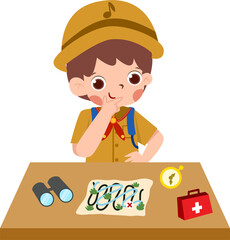 Cartoon Boy Scout Contemplating a Treasure Map Adventure