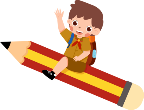 Boy Scout on Pencil Plane, Waving, Cartoon Style.