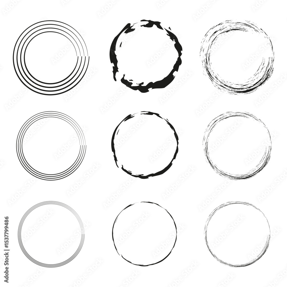 Poster circle stroke frames. outline round shapes. monochrome vector icons. thin border designs.