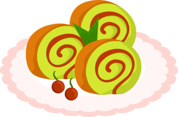 Pastel Swirl Cake Rolls: Green and Orange Confection with Cherries on Pink Plate.