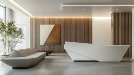 Bright, modern lobby with a unique white reception desk and wood paneling backdrop