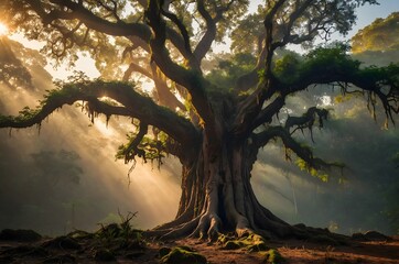 Fototapeta premium Ancient, large tree with sprawling branches and sunlight filtering through, in a serene forest setting