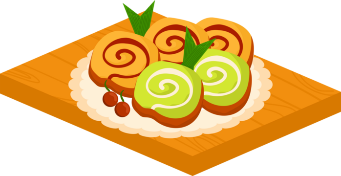 Swirled Cakes on Wooden Board: Dessert Pastries with Cherry Garnish and Pandan Leaves.