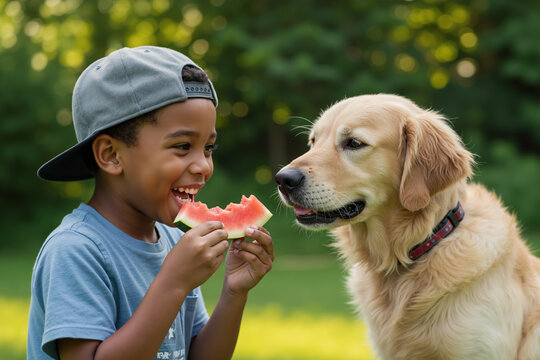 Happy Black boy eating watermelon with his Golden Retriever watching. Funny moment between a child and his dog in a park.