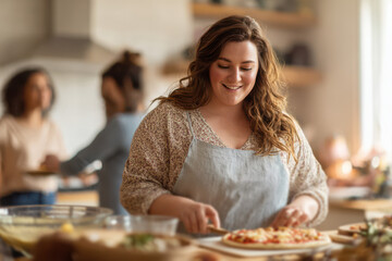 Happy woman preparing food in a cozy home kitchen with family