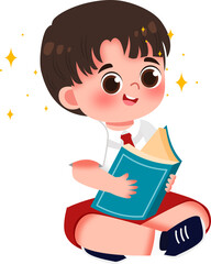 Animated Boy Reading Book, Cross-Legged, Sparkling Light, Education, Happy Student.