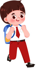 Animated schoolboy with backpack, red tie and pants, cheerful expression.