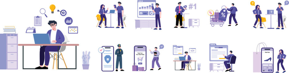 Modern flat design illustration showing various business and e-commerce concepts, including teamwork, online shopping, analytics, security, coding, and digital marketing.